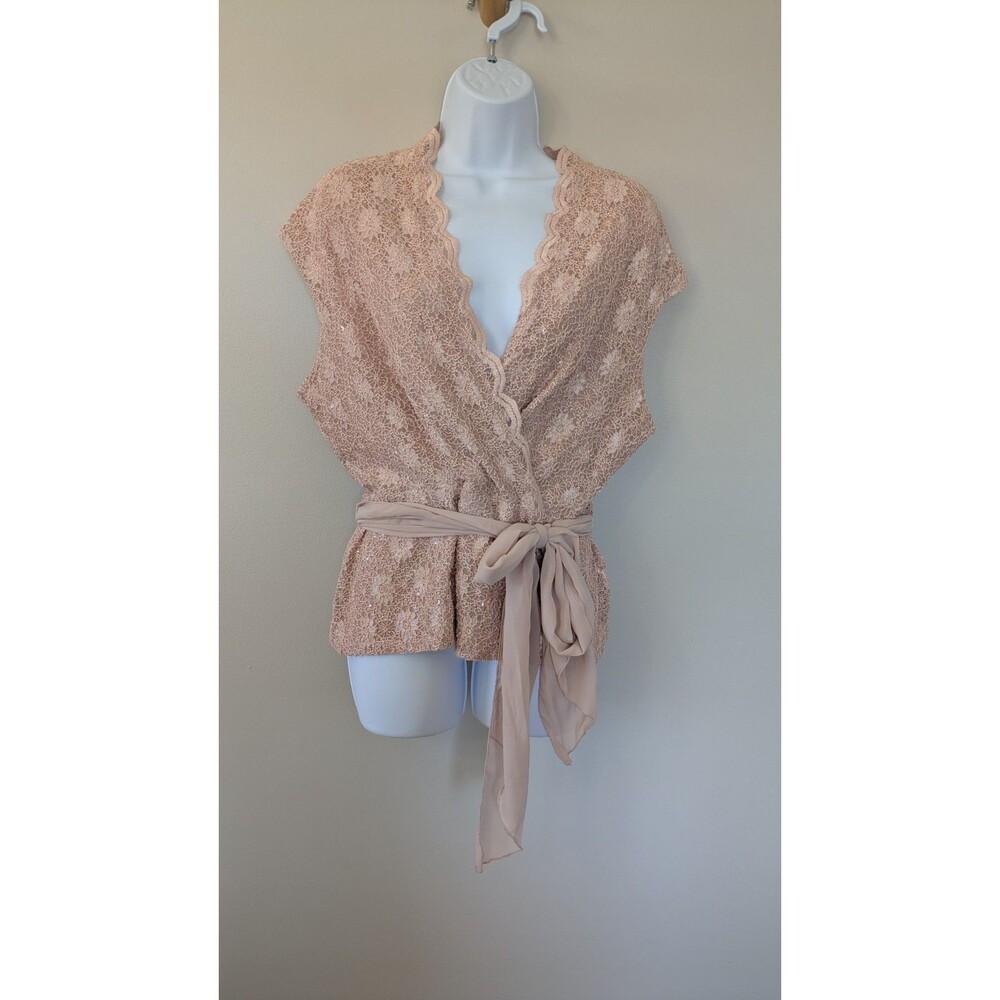 Marina Wrap Blouse XL Occasion V-Neck Sequins Dusty Pink Floral Lace Surplice